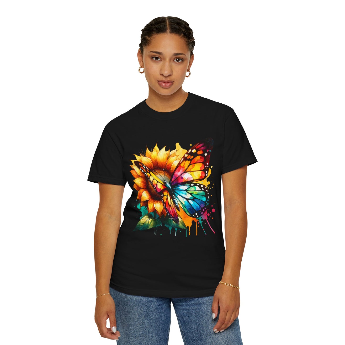 Vibrant Butterfly and Sunflower Unisex T-Shirt - Colorful Nature Art Tee