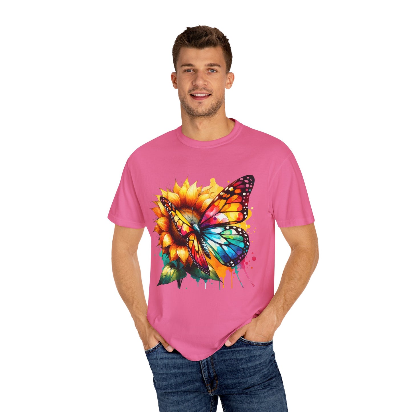 Vibrant Butterfly and Sunflower Unisex T-Shirt - Colorful Nature Art Tee