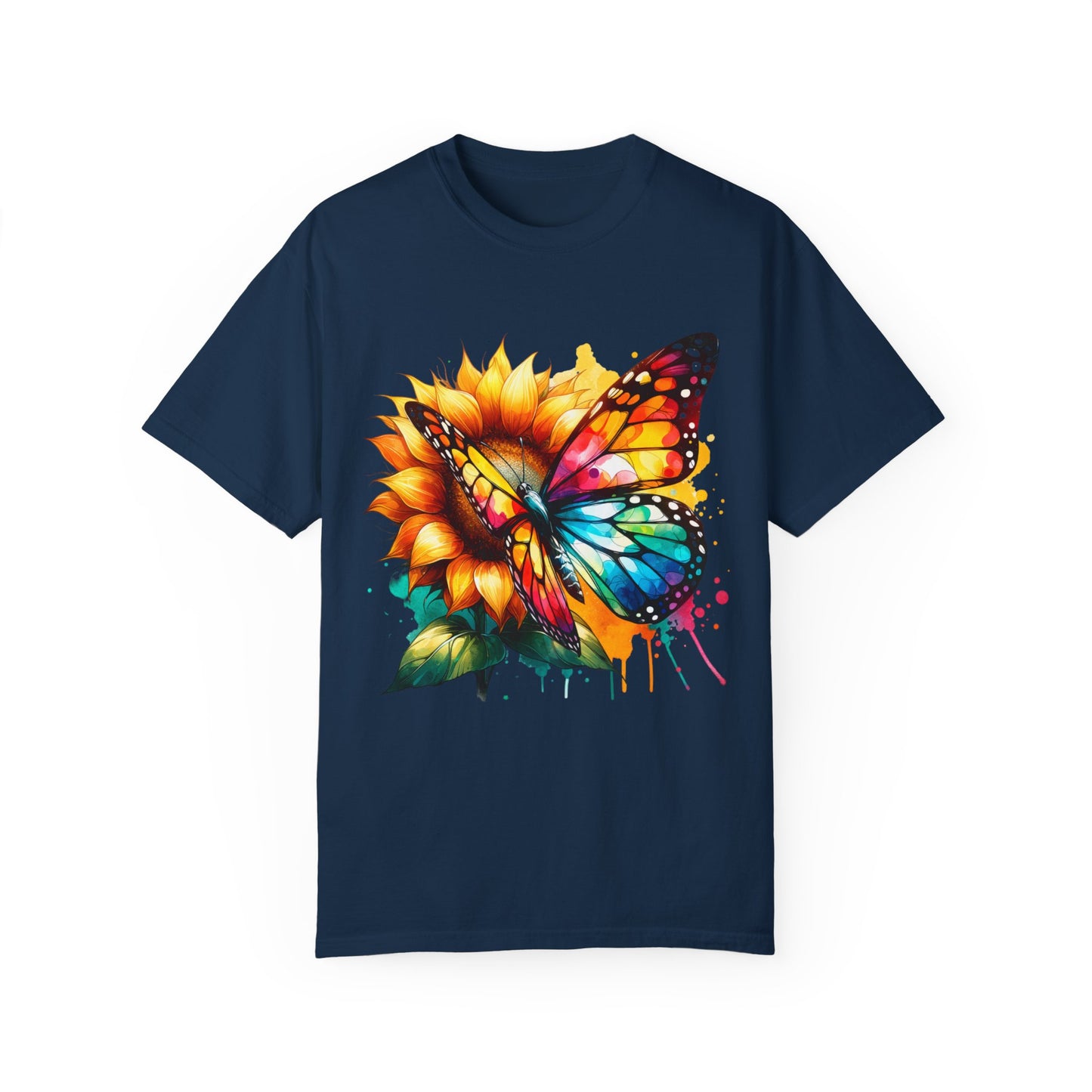 Vibrant Butterfly and Sunflower Unisex T-Shirt - Colorful Nature Art Tee
