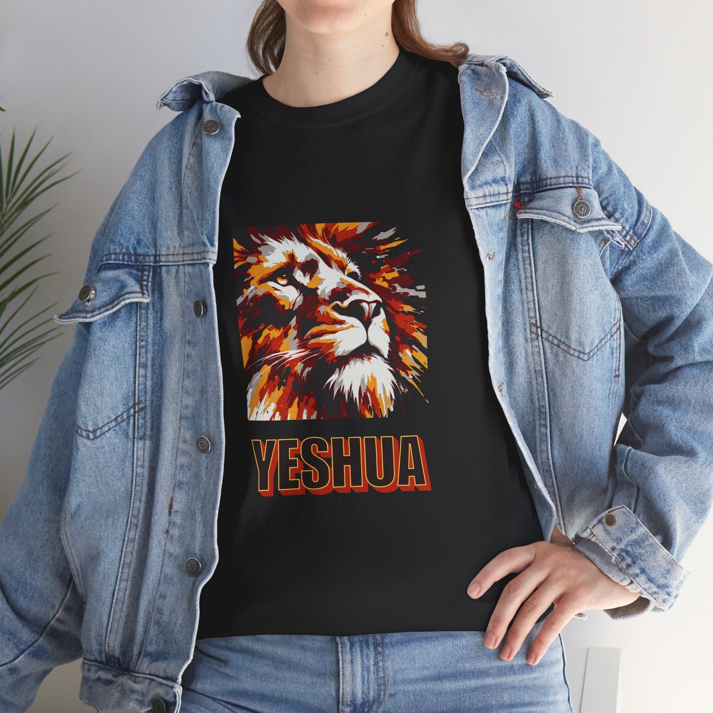 YESHUA - a warmly coloured t shirt with an abstract painting of a lion Inspirational- Creative & Unique Design