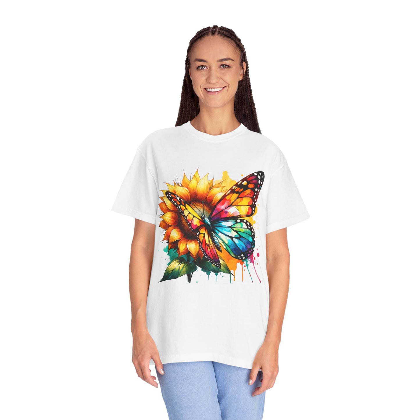 Vibrant Butterfly and Sunflower Unisex T-Shirt - Colorful Nature Art Tee