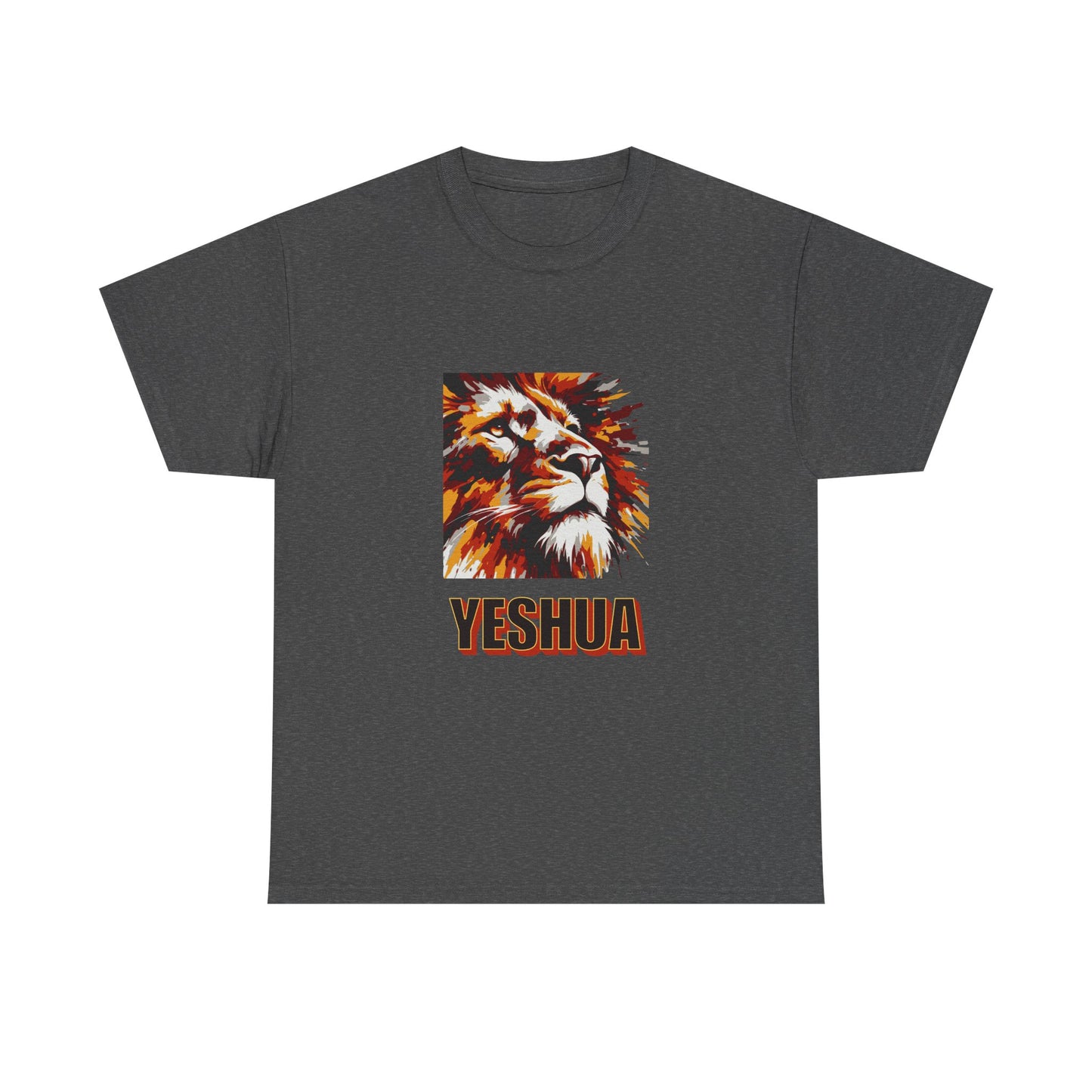 YESHUA - a warmly coloured t shirt with an abstract painting of a lion Inspirational- Creative & Unique Design