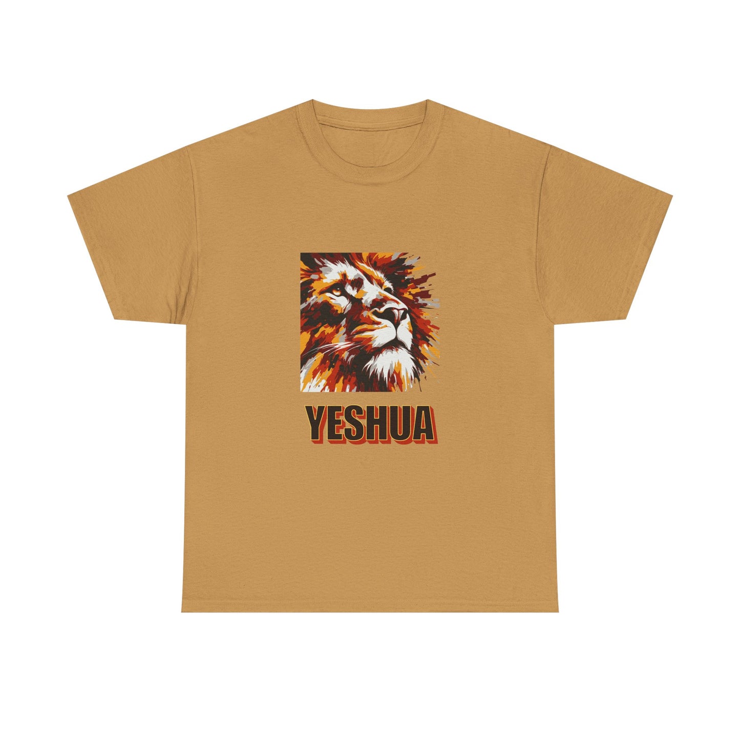 YESHUA - a warmly coloured t shirt with an abstract painting of a lion Inspirational- Creative & Unique Design