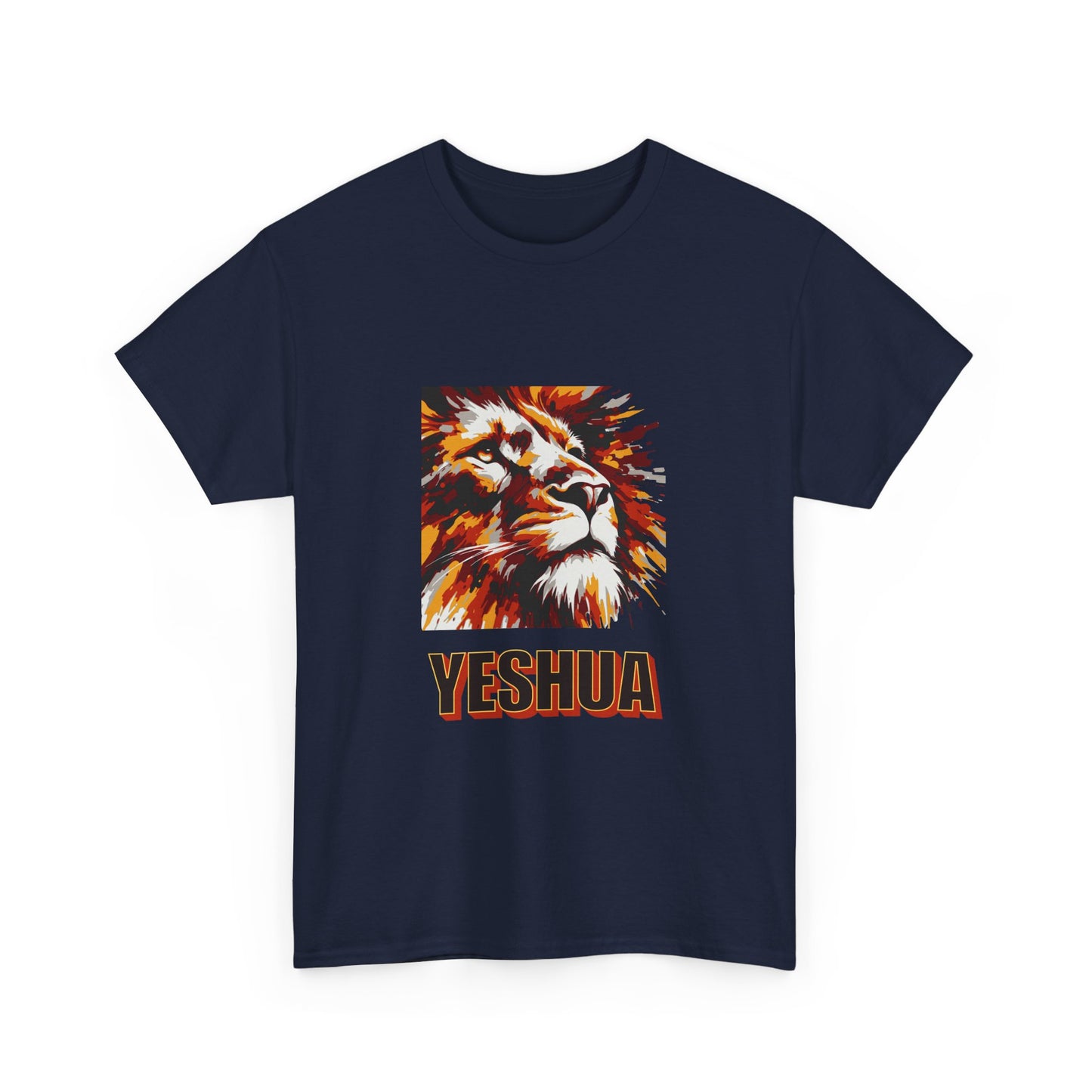 YESHUA - a warmly coloured t shirt with an abstract painting of a lion Inspirational- Creative & Unique Design