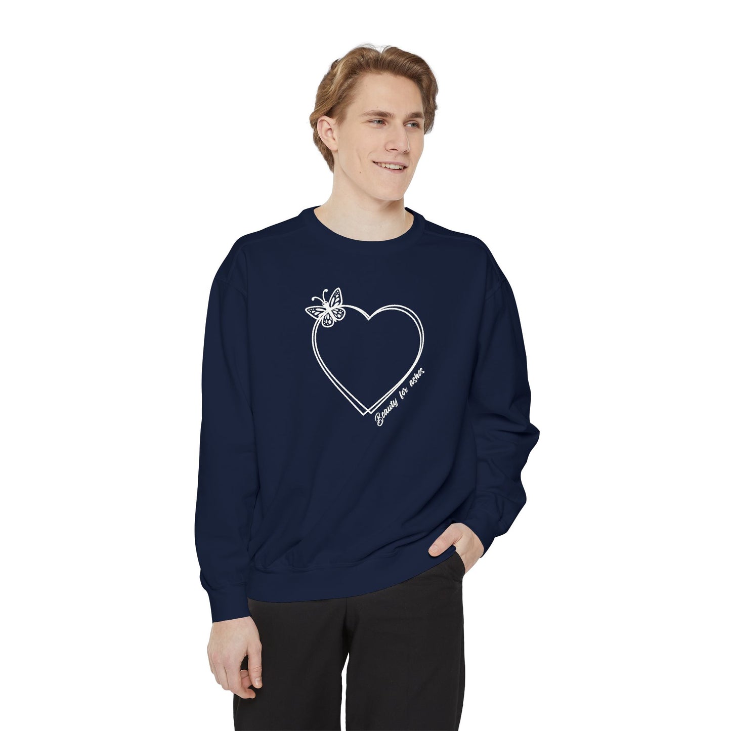 Garment-Dyed Heart Sweatshirt - 'Beauty for ashes' Design with butterfly