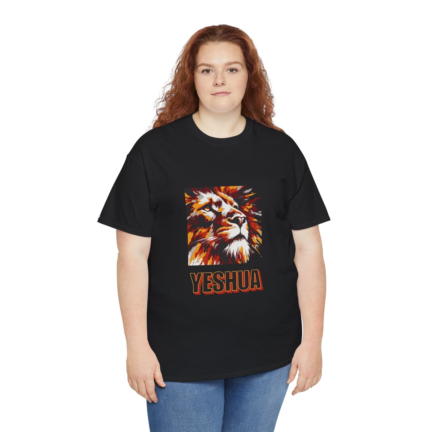 YESHUA - a warmly coloured t shirt with an abstract painting of a lion Inspirational- Creative & Unique Design