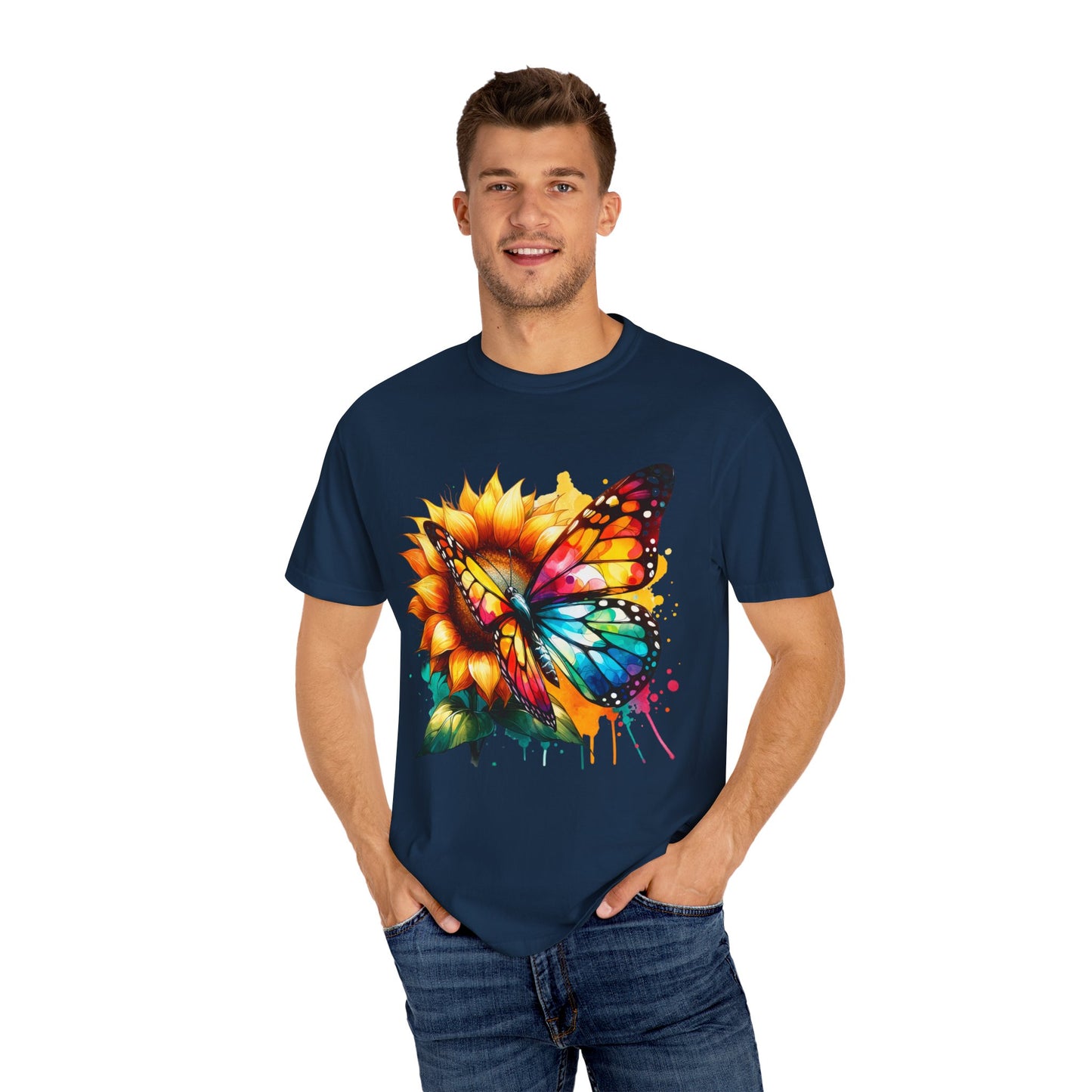 Vibrant Butterfly and Sunflower Unisex T-Shirt - Colorful Nature Art Tee