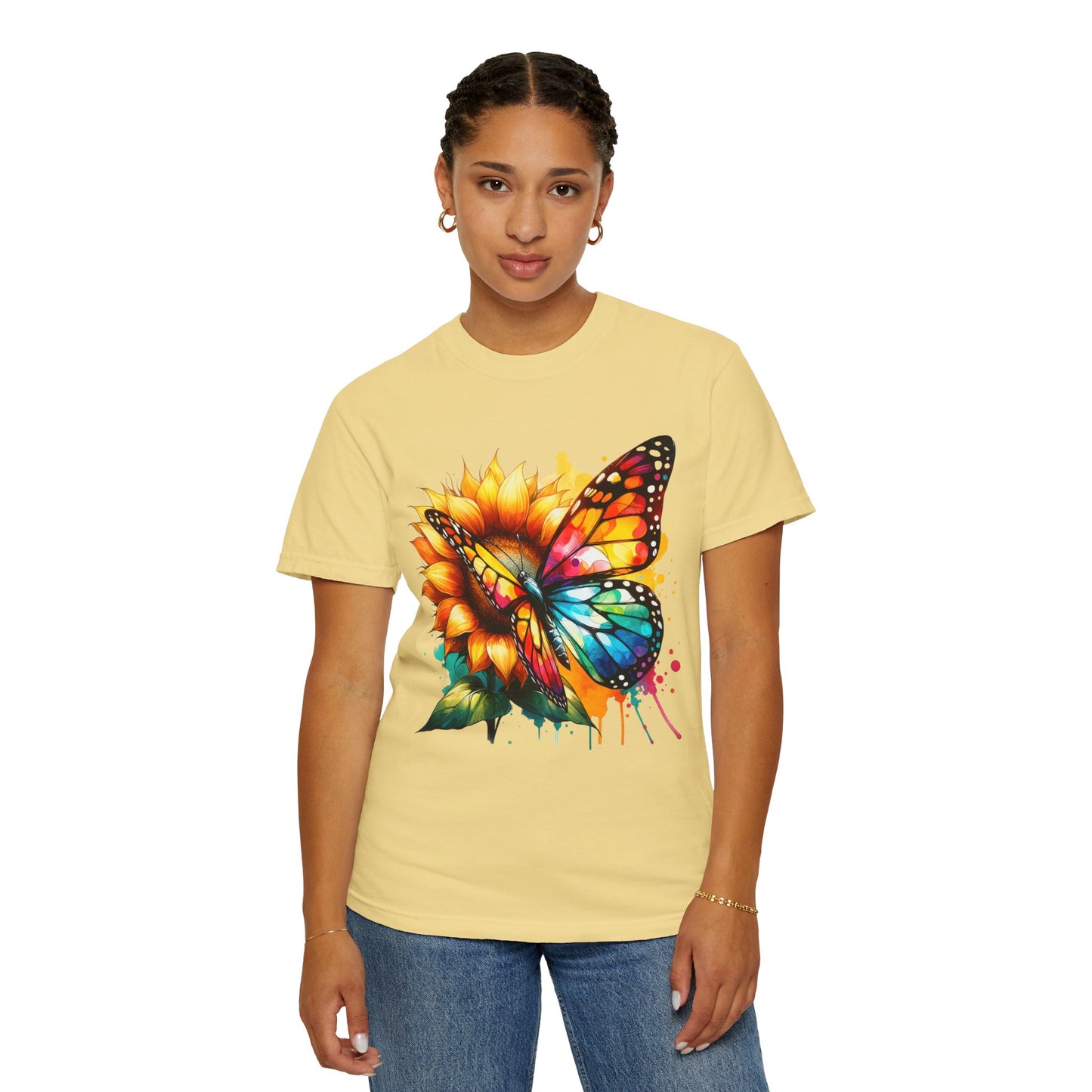 Vibrant Butterfly and Sunflower Unisex T-Shirt - Colorful Nature Art Tee