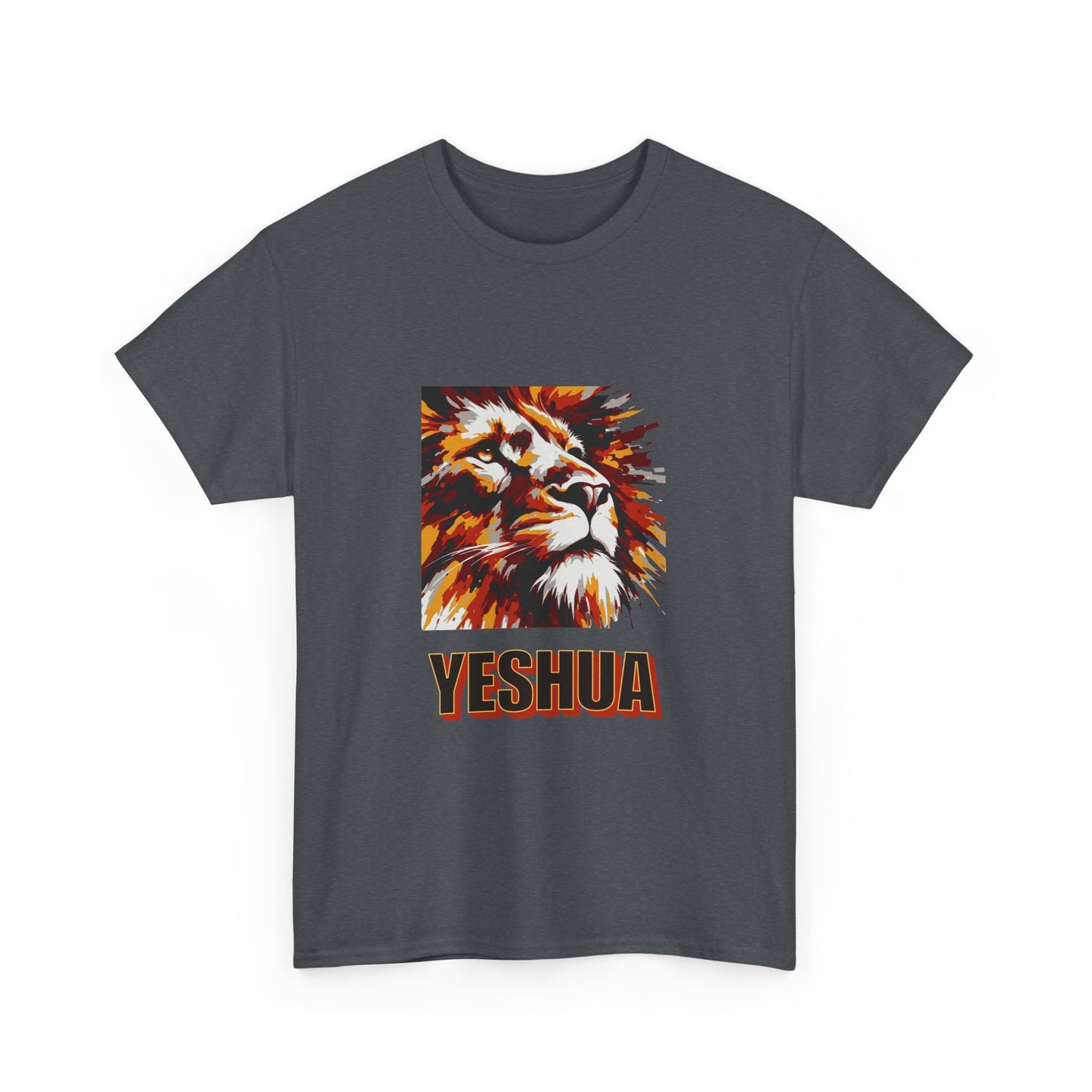 YESHUA - a warmly coloured t shirt with an abstract painting of a lion Inspirational- Creative & Unique Design