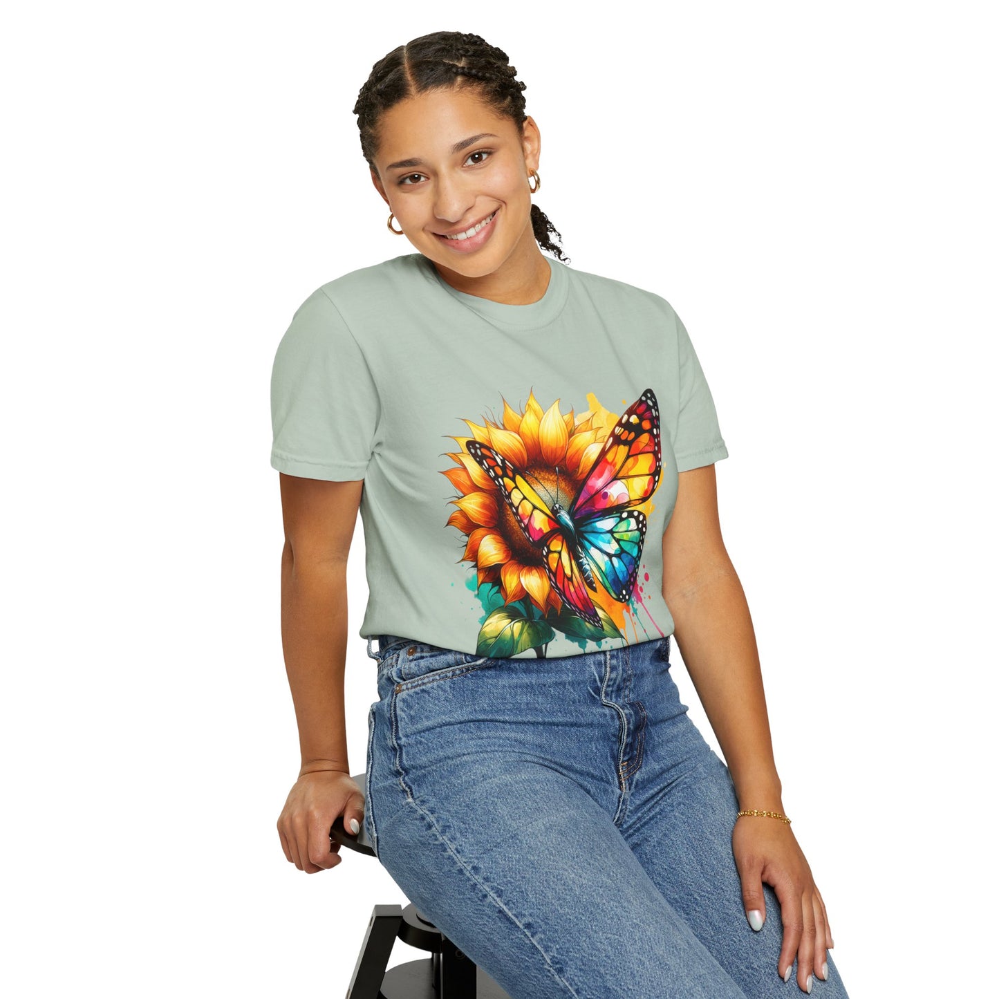 Vibrant Butterfly and Sunflower Unisex T-Shirt - Colorful Nature Art Tee