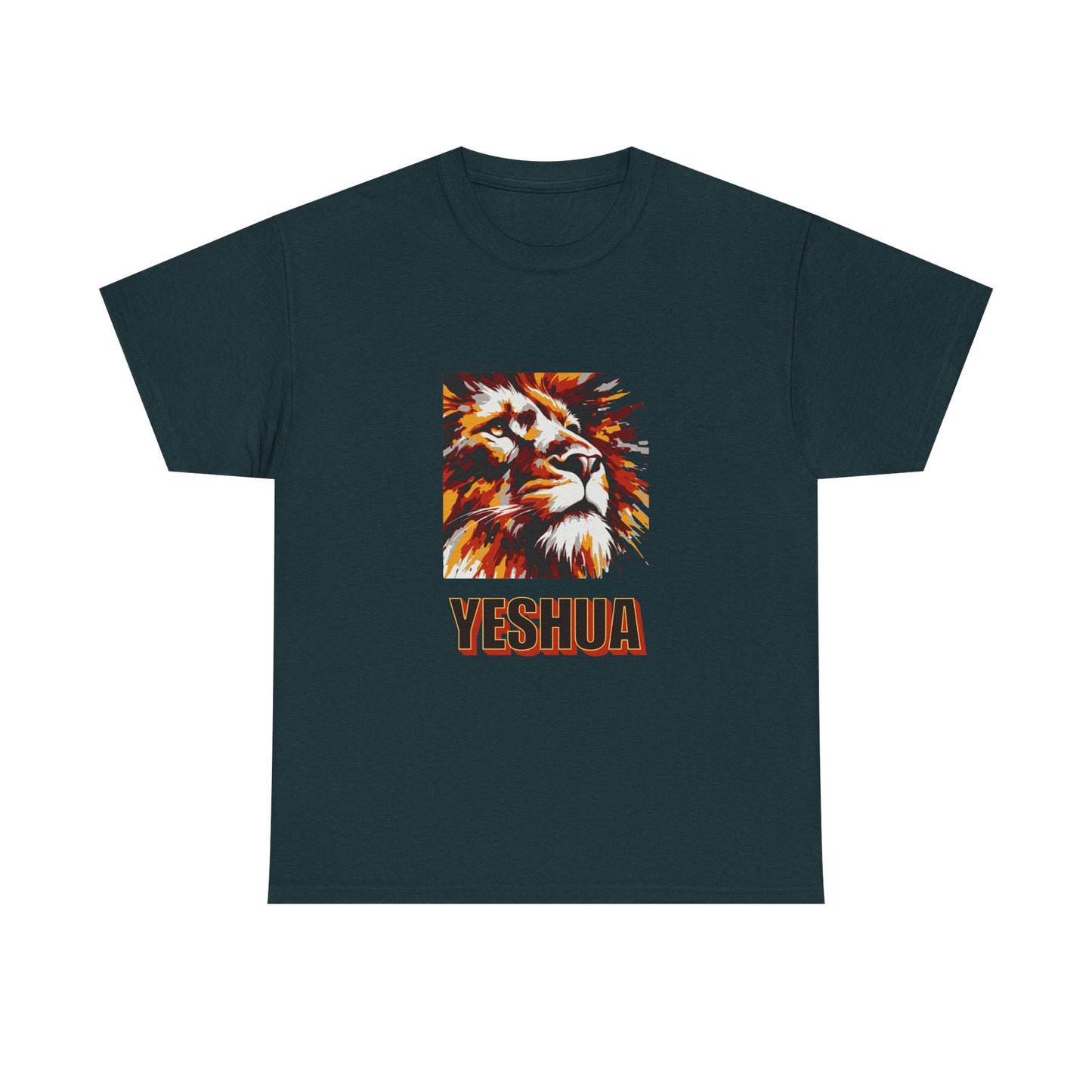 YESHUA - a warmly coloured t shirt with an abstract painting of a lion Inspirational- Creative & Unique Design