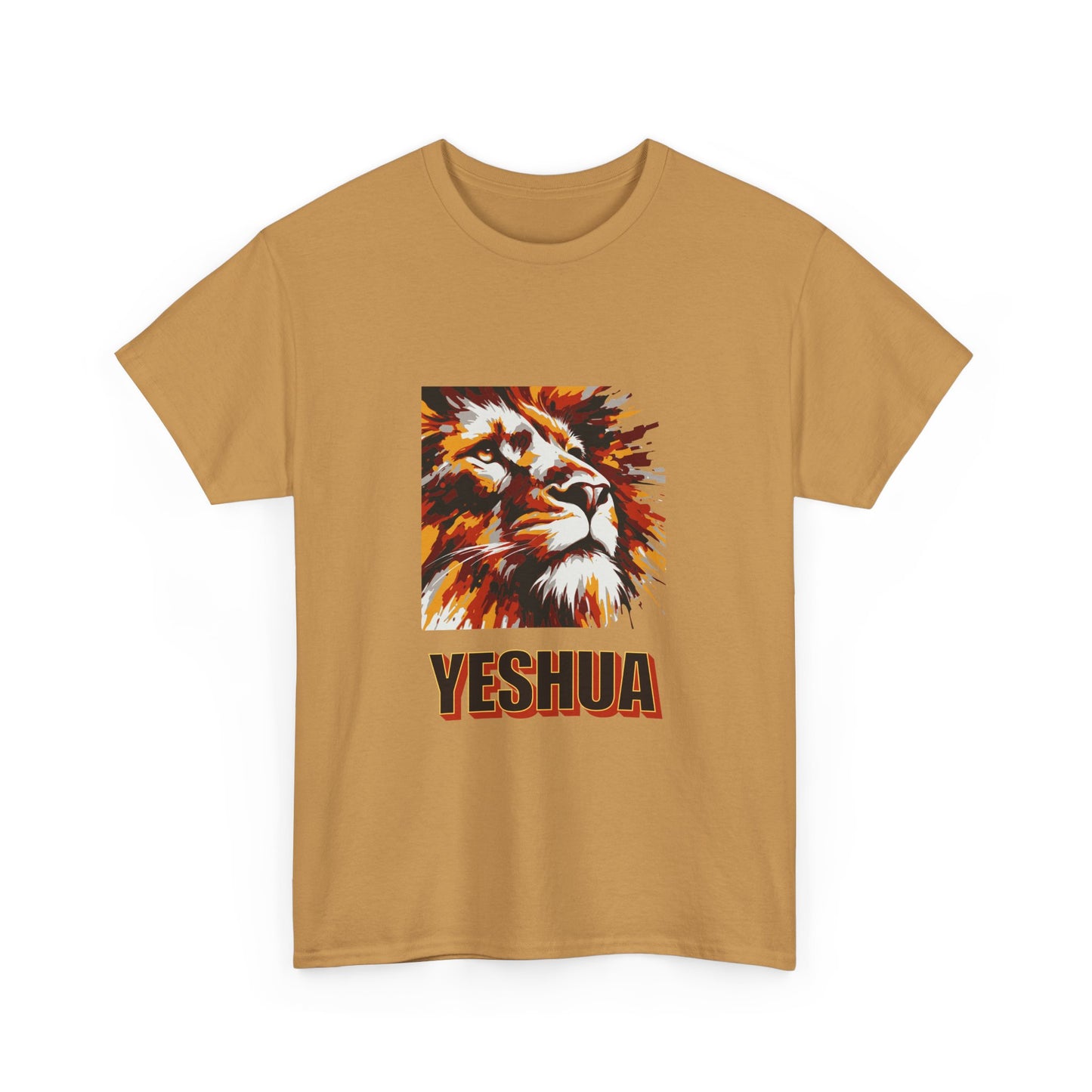 YESHUA - a warmly coloured t shirt with an abstract painting of a lion Inspirational- Creative & Unique Design