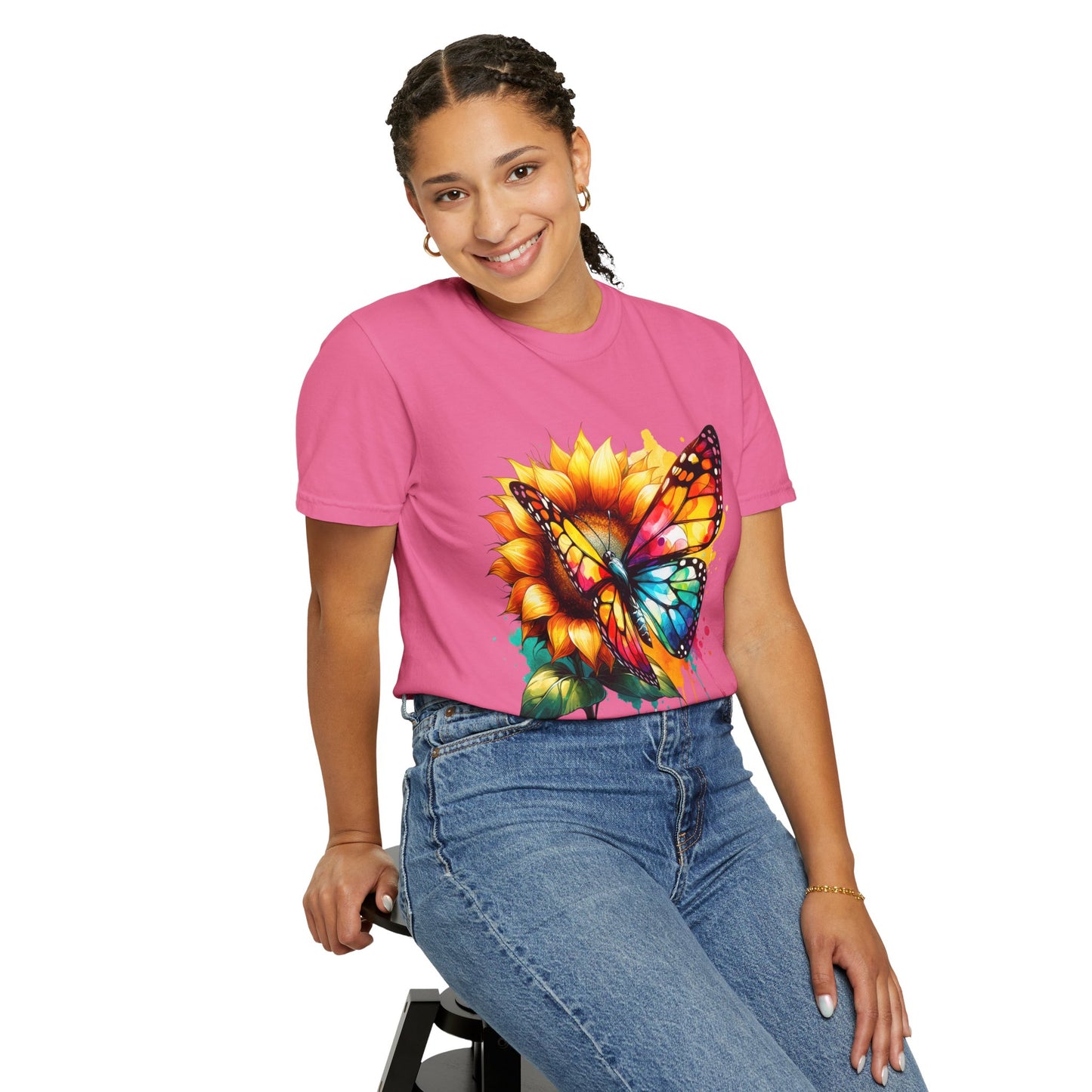 Vibrant Butterfly and Sunflower Unisex T-Shirt - Colorful Nature Art Tee