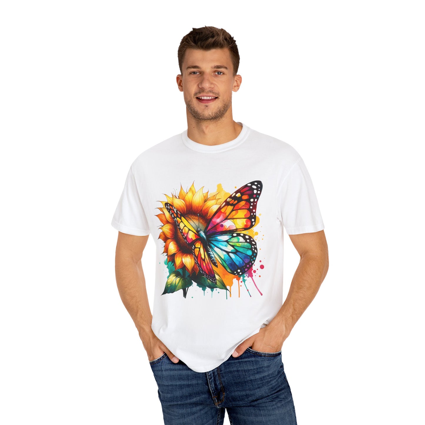 Vibrant Butterfly and Sunflower Unisex T-Shirt - Colorful Nature Art Tee