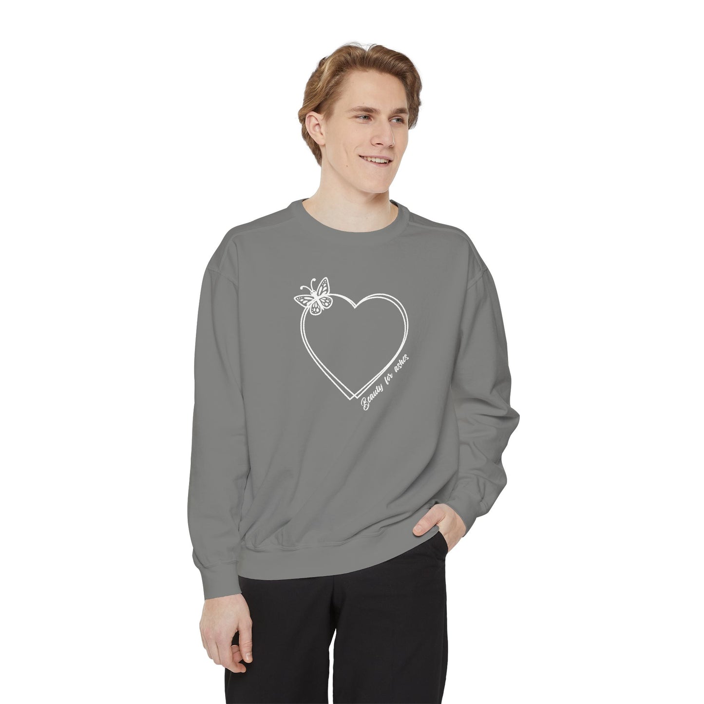 Garment-Dyed Heart Sweatshirt - 'Beauty for ashes' Design with butterfly