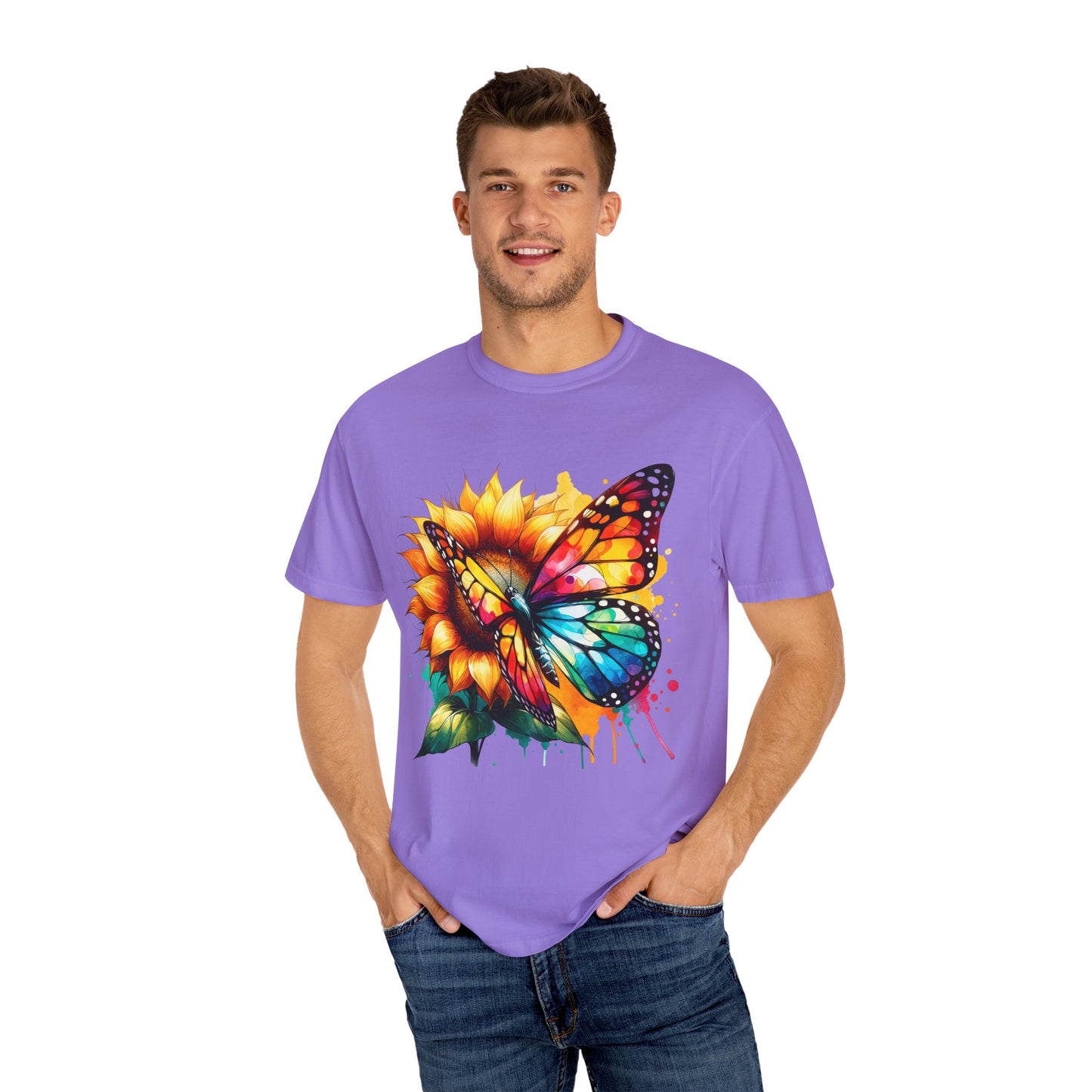 Vibrant Butterfly and Sunflower Unisex T-Shirt - Colorful Nature Art Tee