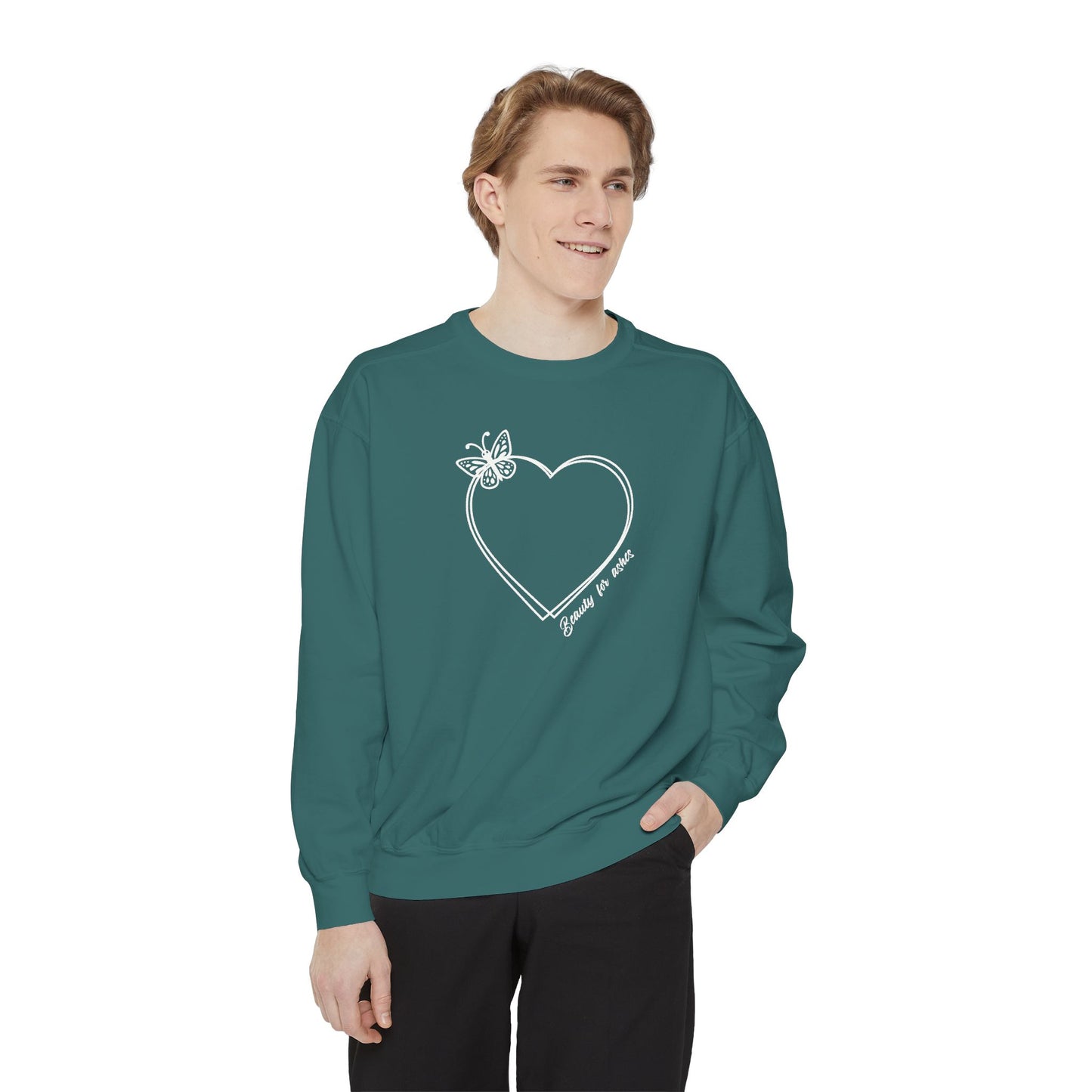 Garment-Dyed Heart Sweatshirt - 'Beauty for ashes' Design with butterfly