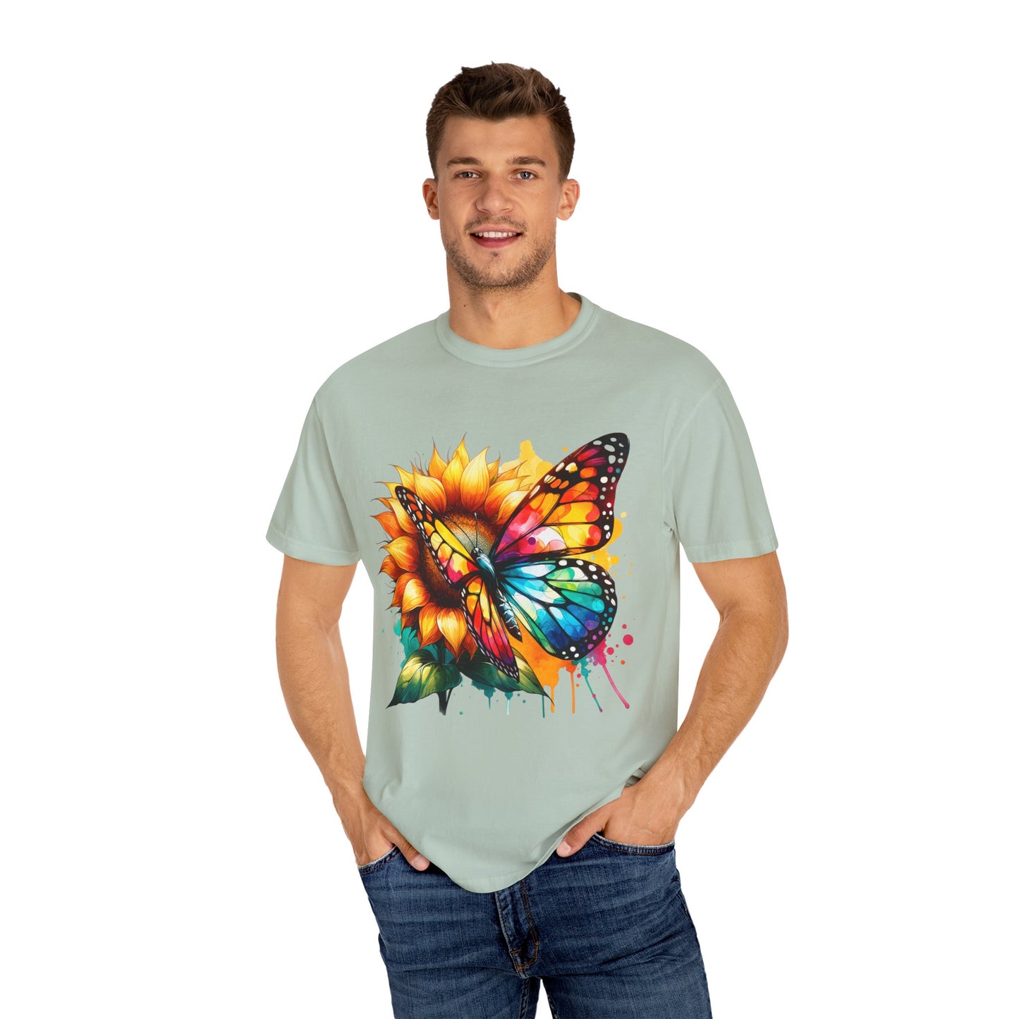 Vibrant Butterfly and Sunflower Unisex T-Shirt - Colorful Nature Art Tee