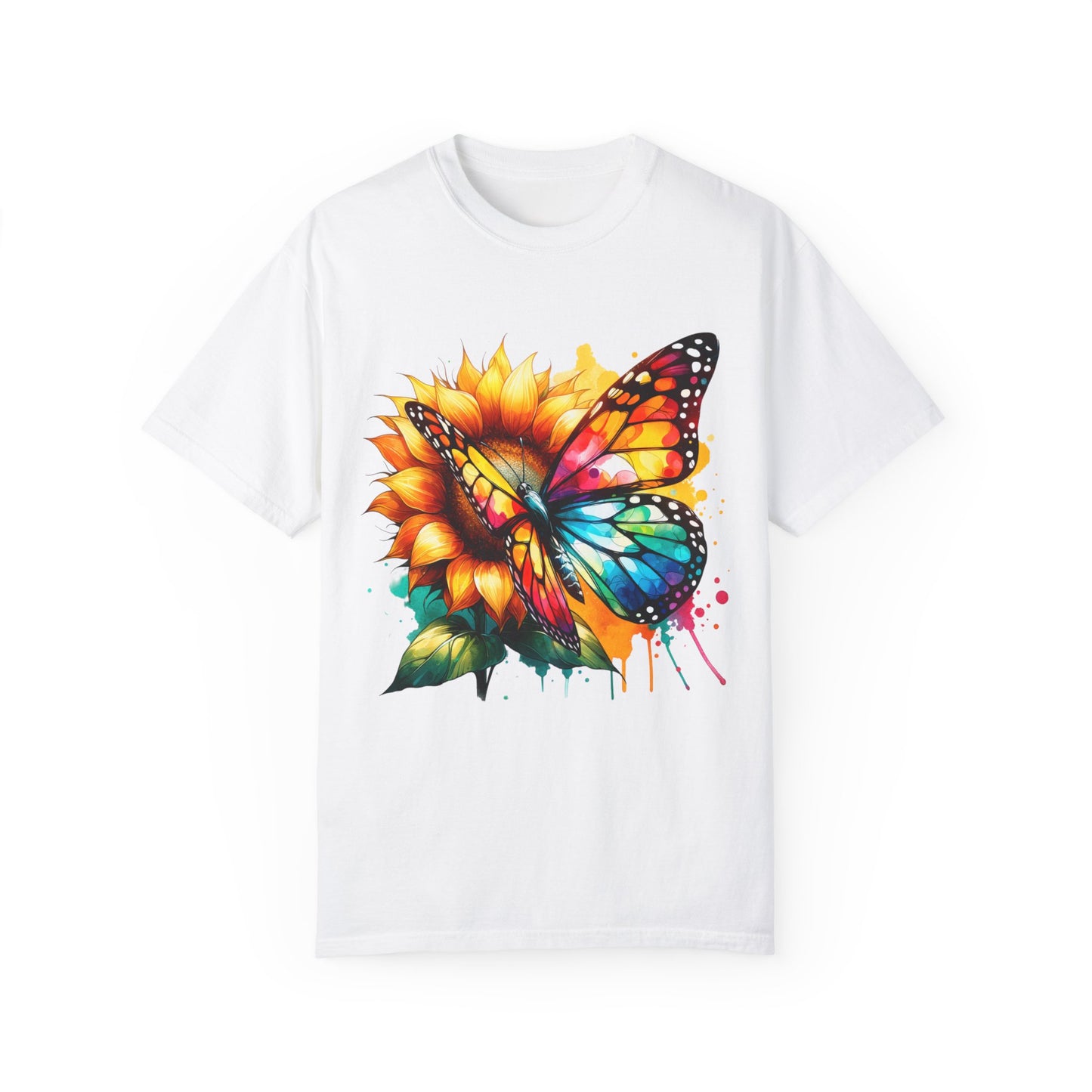 Vibrant Butterfly and Sunflower Unisex T-Shirt - Colorful Nature Art Tee