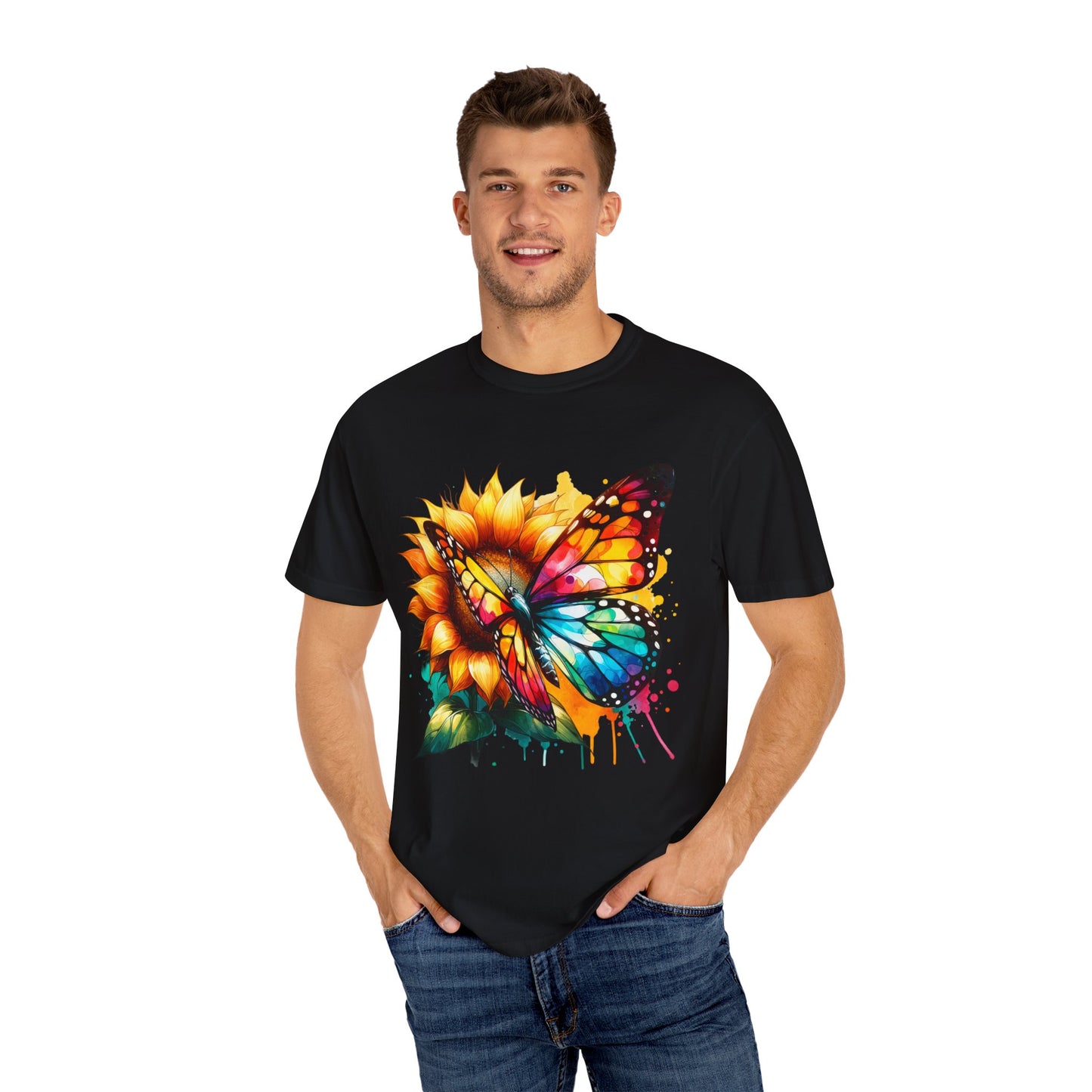 Vibrant Butterfly and Sunflower Unisex T-Shirt - Colorful Nature Art Tee
