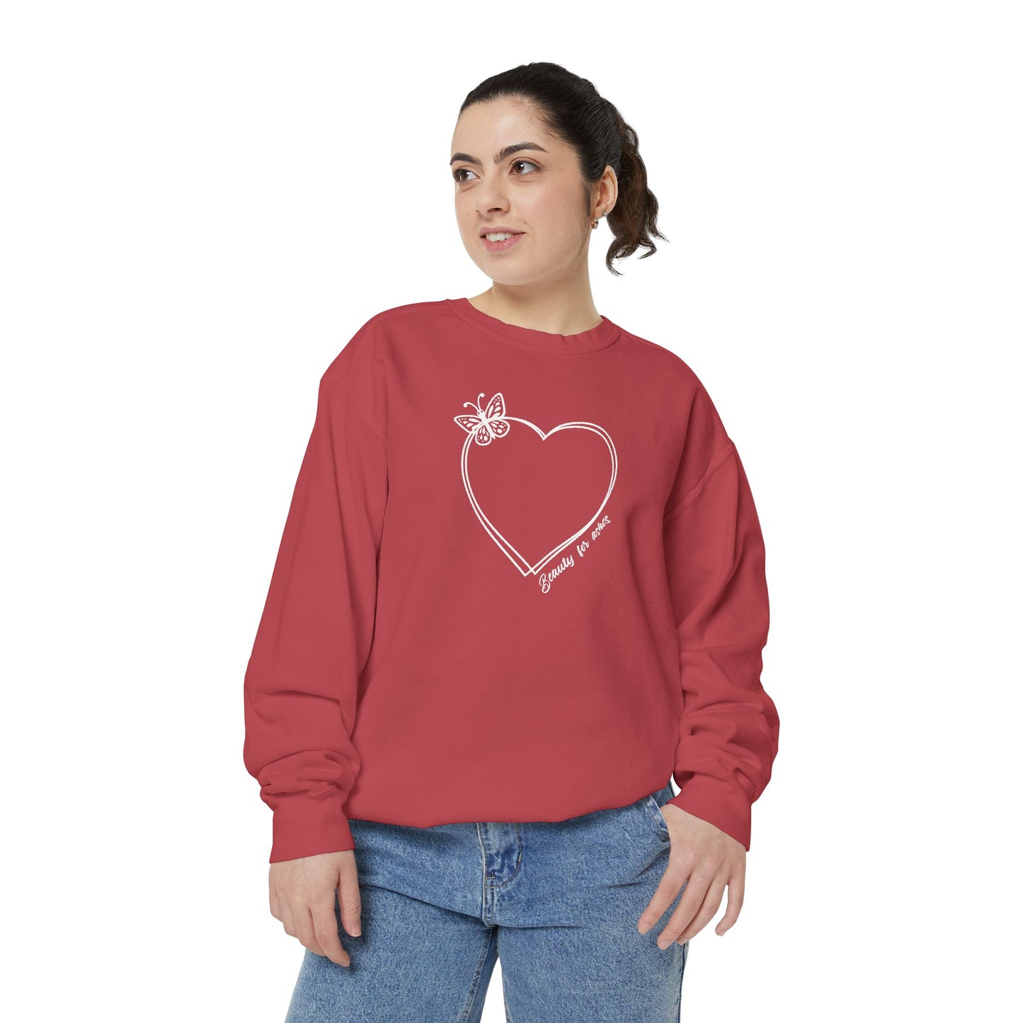 Garment-Dyed Heart Sweatshirt - 'Beauty for ashes' Design with butterfly