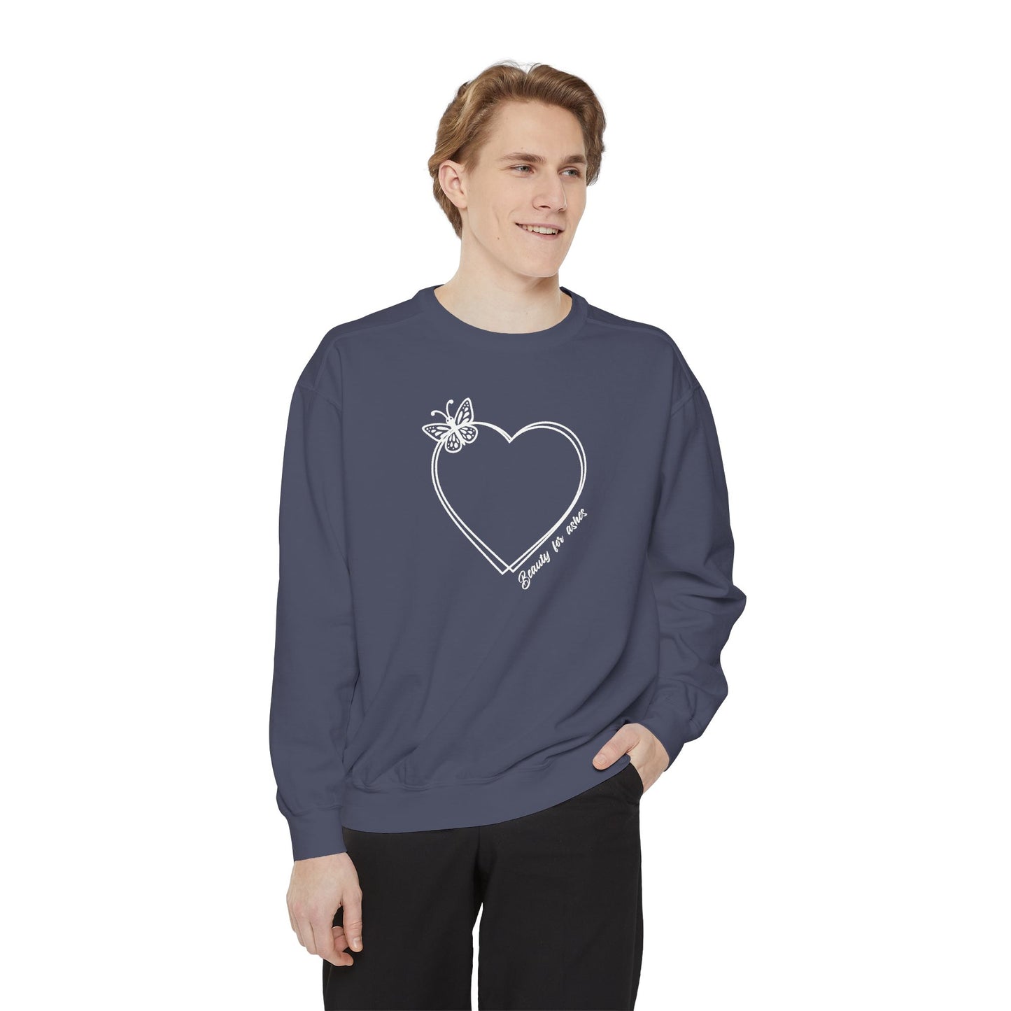 Garment-Dyed Heart Sweatshirt - 'Beauty for ashes' Design with butterfly