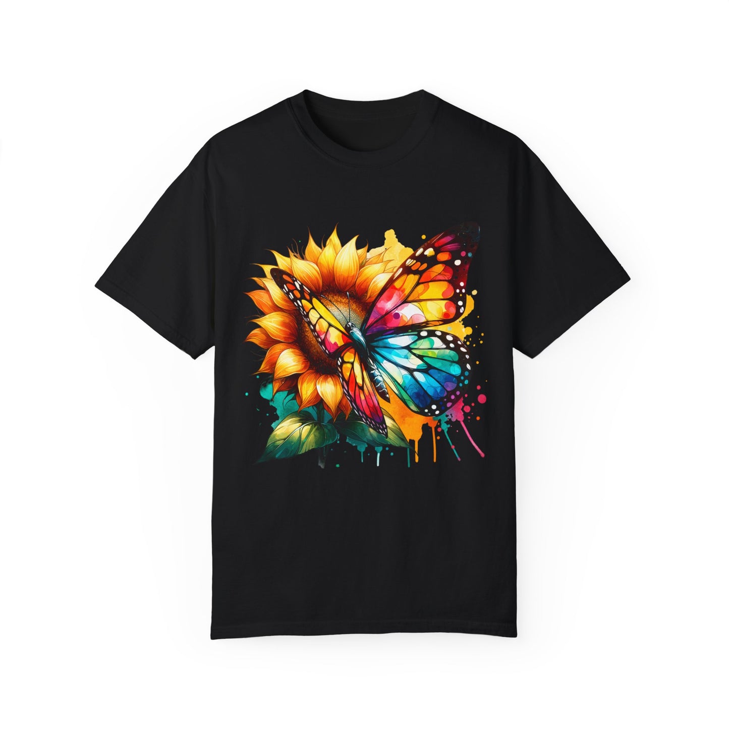 Vibrant Butterfly and Sunflower Unisex T-Shirt - Colorful Nature Art Tee