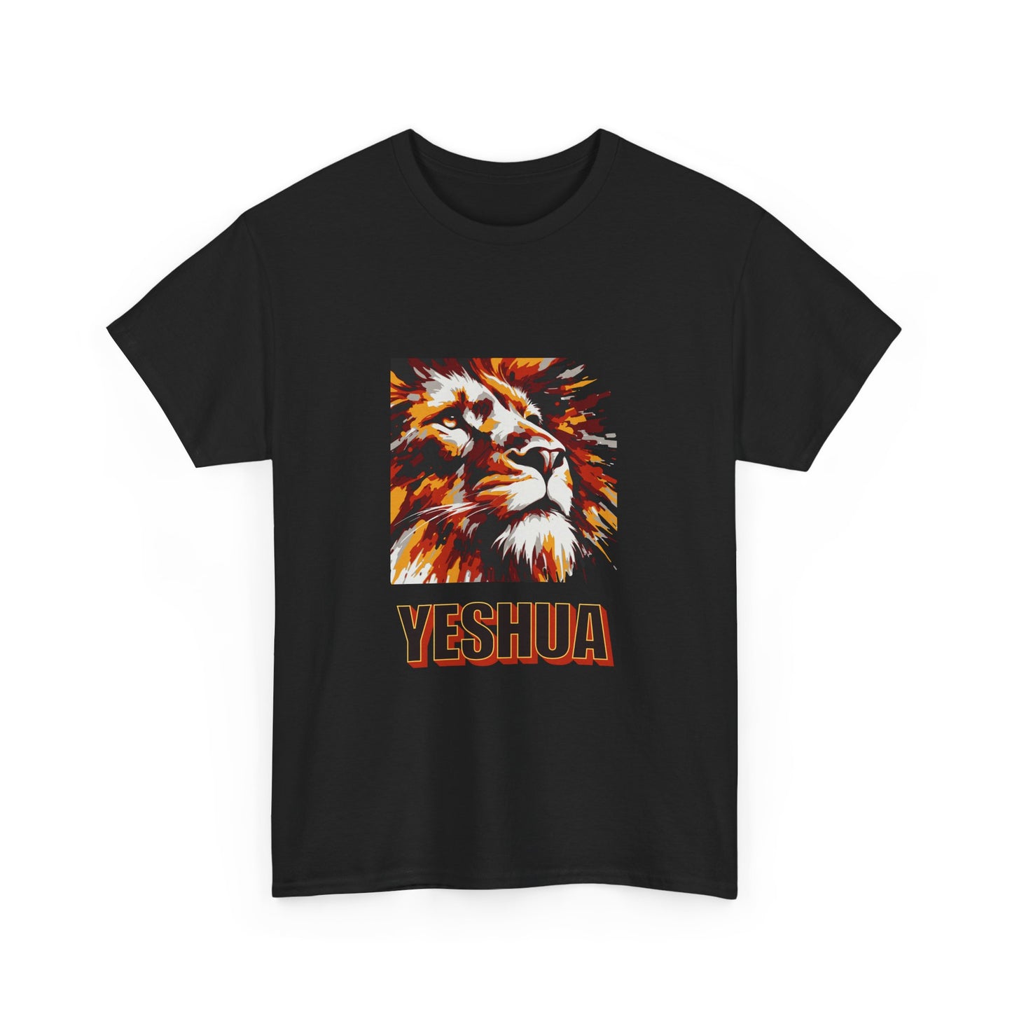 YESHUA - a warmly coloured t shirt with an abstract painting of a lion Inspirational- Creative & Unique Design