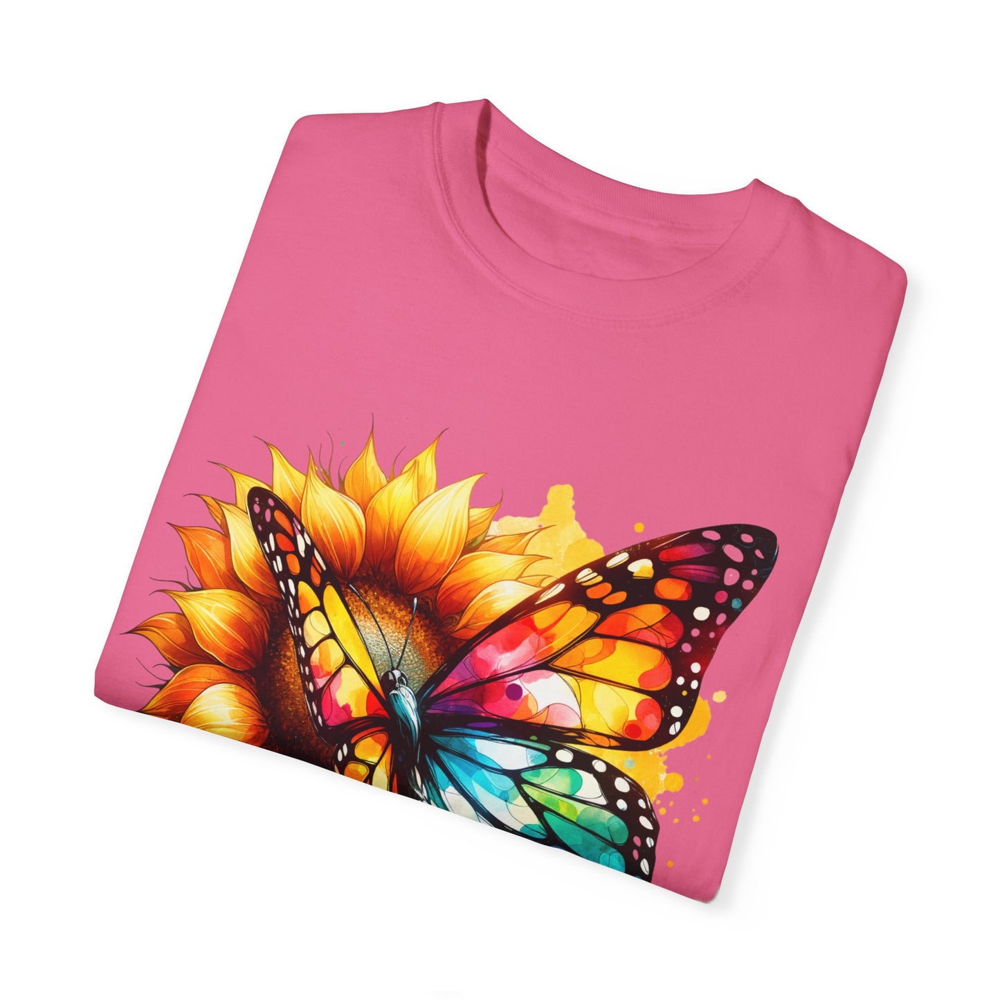 Vibrant Butterfly and Sunflower Unisex T-Shirt - Colorful Nature Art Tee