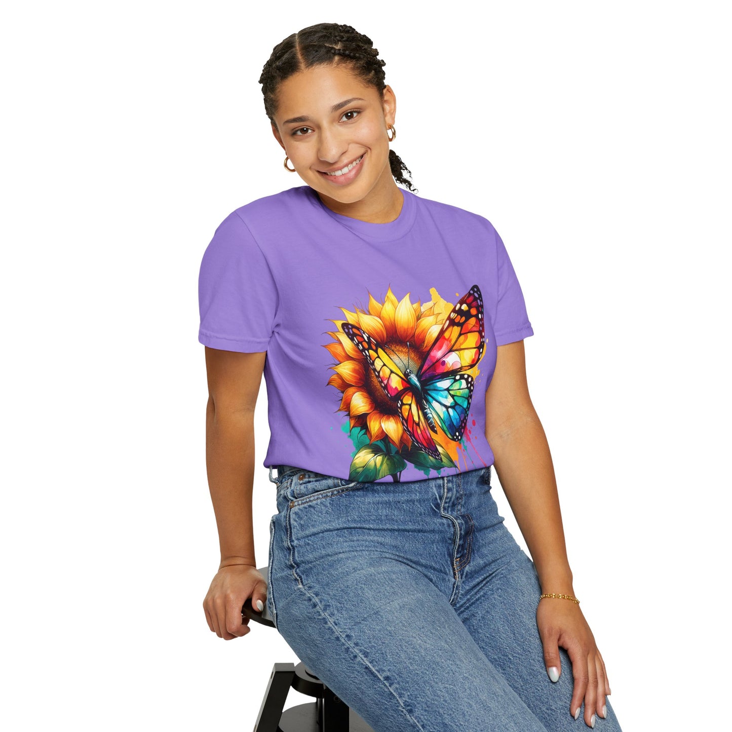 Vibrant Butterfly and Sunflower Unisex T-Shirt - Colorful Nature Art Tee