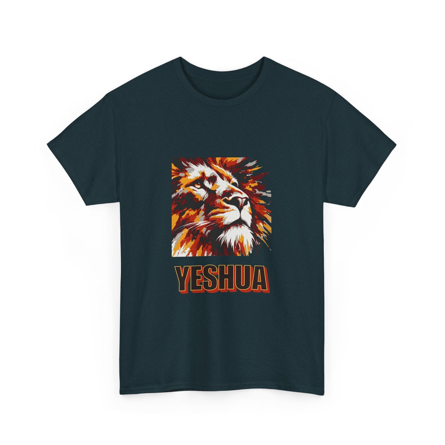 YESHUA - a warmly coloured t shirt with an abstract painting of a lion Inspirational- Creative & Unique Design