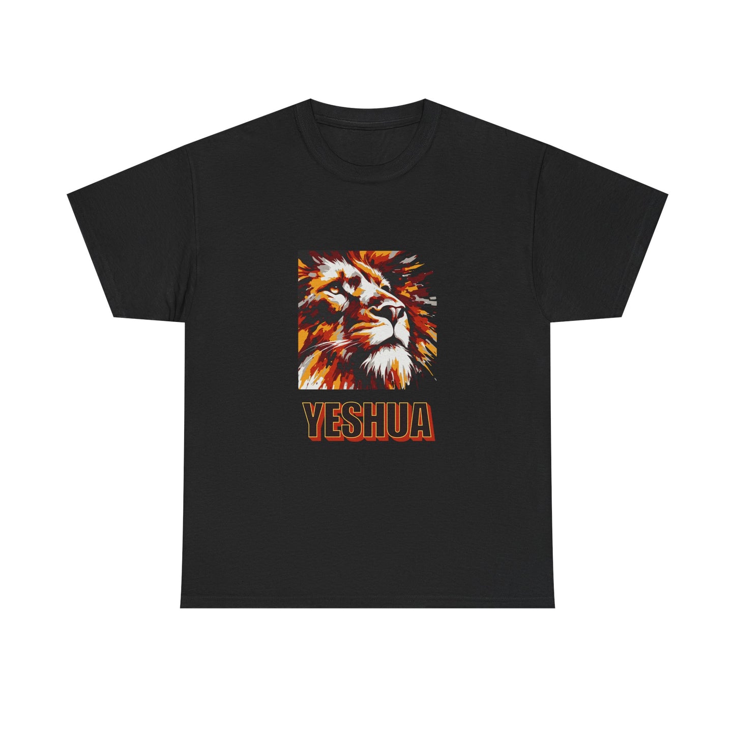 YESHUA - a warmly coloured t shirt with an abstract painting of a lion Inspirational- Creative & Unique Design