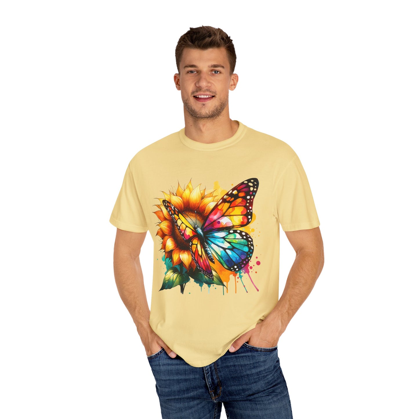 Vibrant Butterfly and Sunflower Unisex T-Shirt - Colorful Nature Art Tee