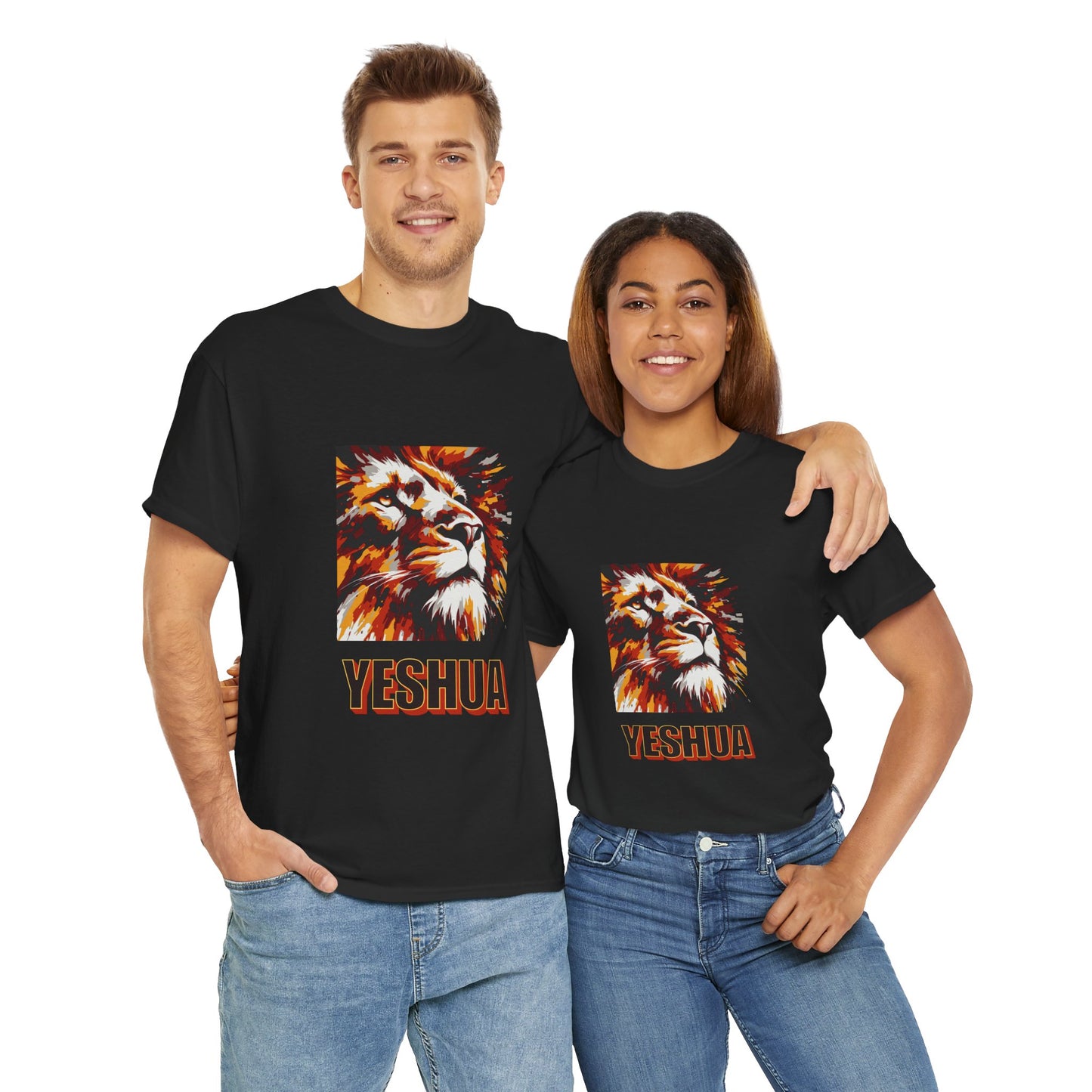 YESHUA - a warmly coloured t shirt with an abstract painting of a lion Inspirational- Creative & Unique Design