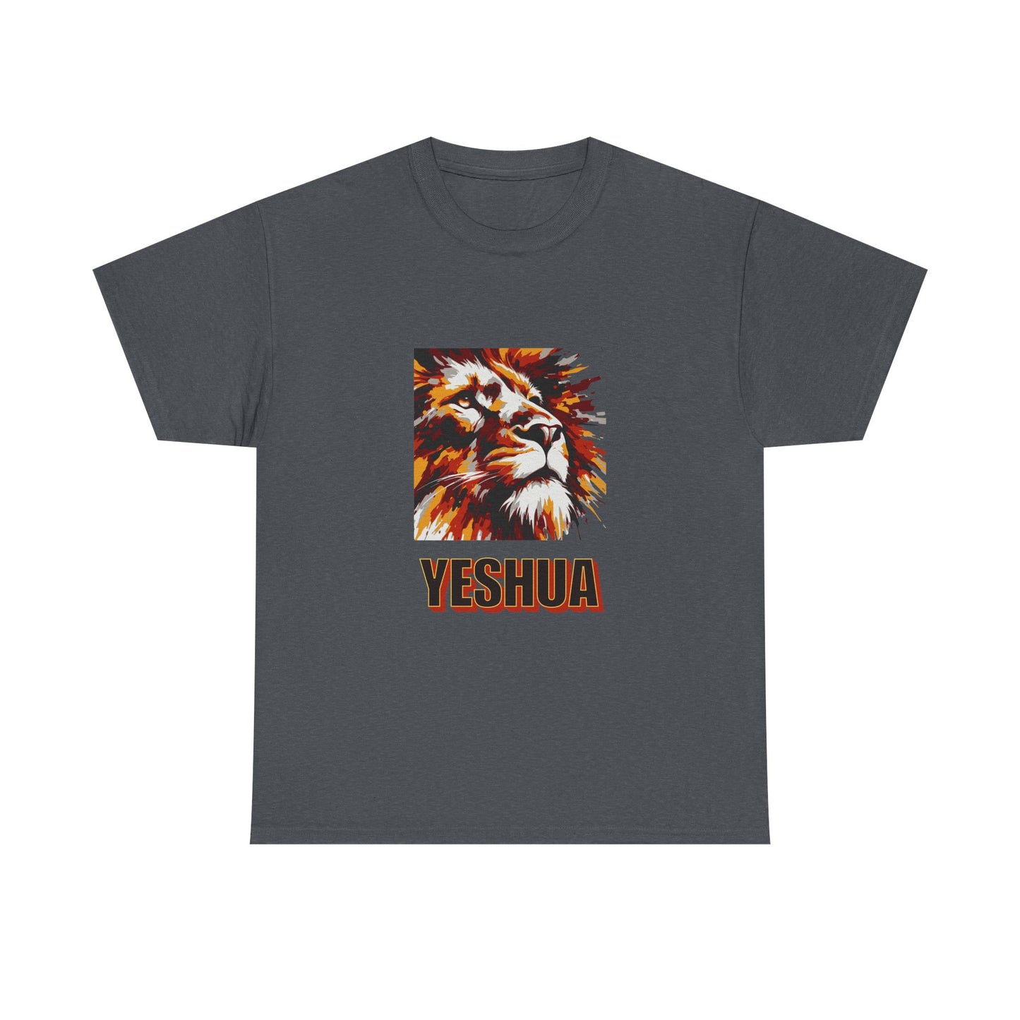 YESHUA - a warmly coloured t shirt with an abstract painting of a lion Inspirational- Creative & Unique Design