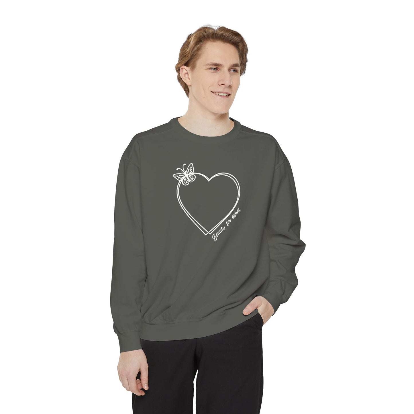 Garment-Dyed Heart Sweatshirt - 'Beauty for ashes' Design with butterfly