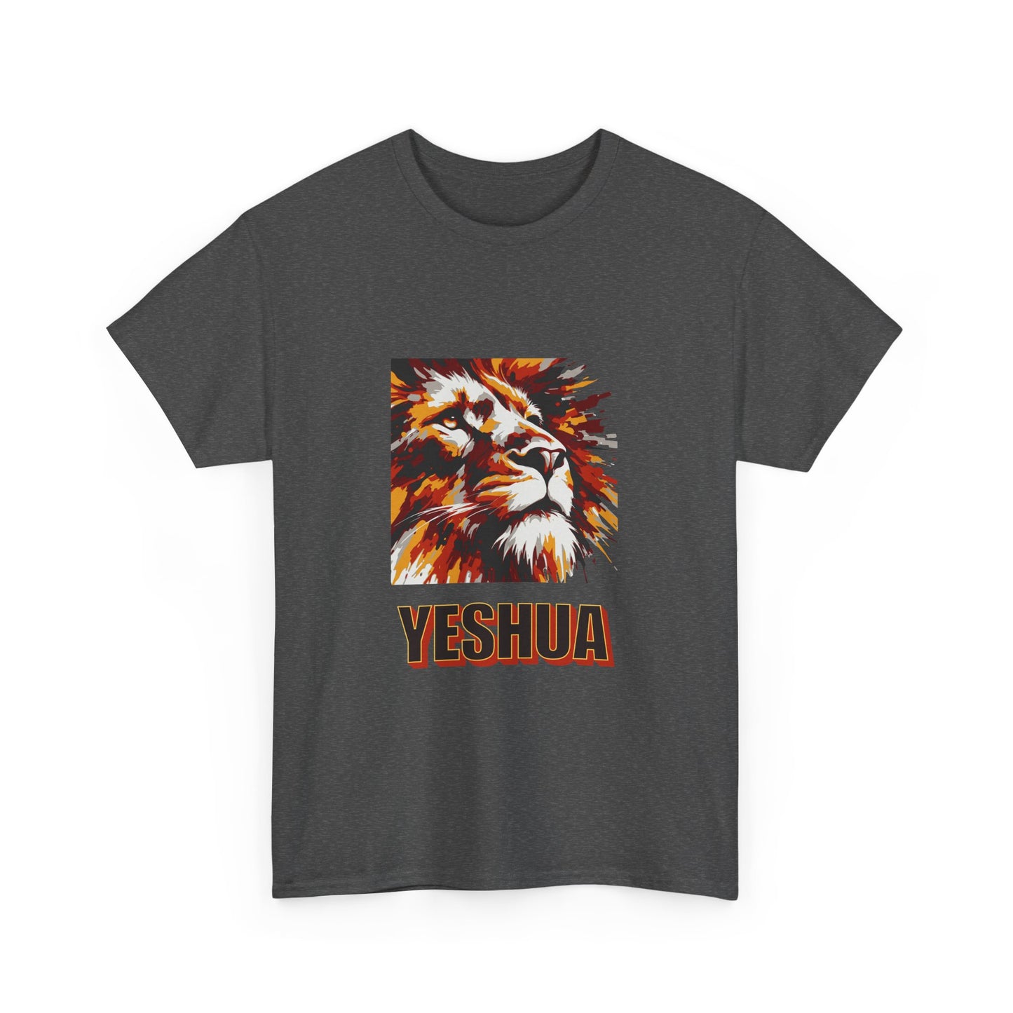 YESHUA - a warmly coloured t shirt with an abstract painting of a lion Inspirational- Creative & Unique Design