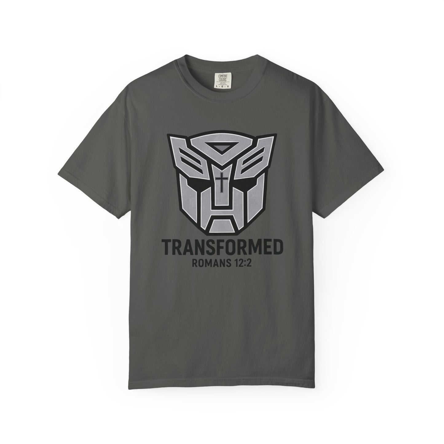 Transformed Graphic Tee — "Transformed" Romans 12:2 Christian Transformer Logo T-Shirt