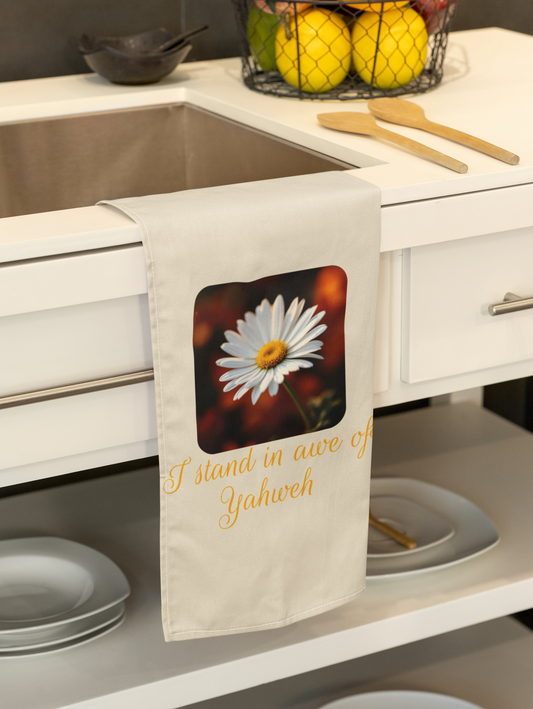 Inspirational Cotton Tea Towel - 'I Stand in Awe of Yahweh' with Daisy Design - Perfect for Home Decor and Gifts