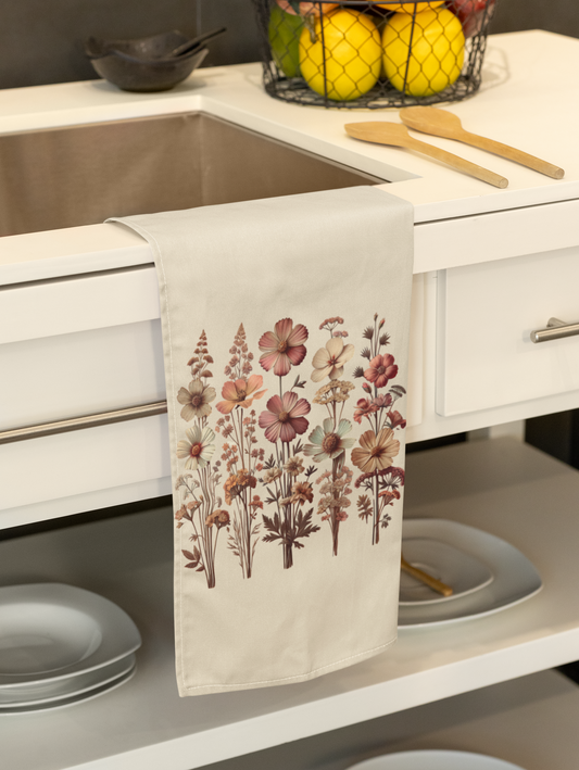 Floral Print Cotton Tea Towel - Vintage Botanical Design for Kitchen Decor