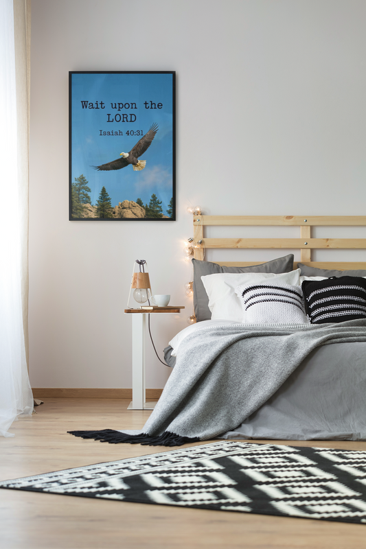 Motivational Wall Art - Eagle Soaring in the Bright Sky - Wait on the LORD - Bible Verse Inspired