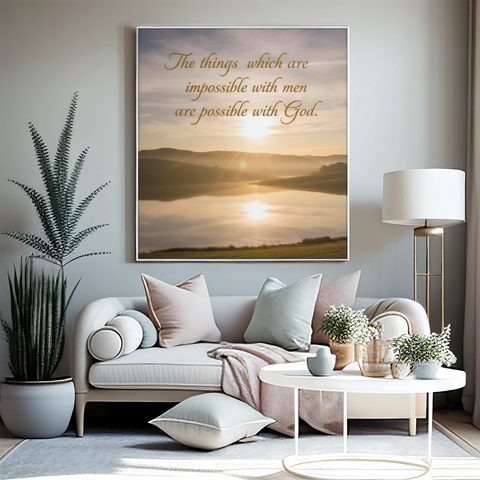 Living room with a couch, coffee table, and wall art featuring a sunset over a lake.