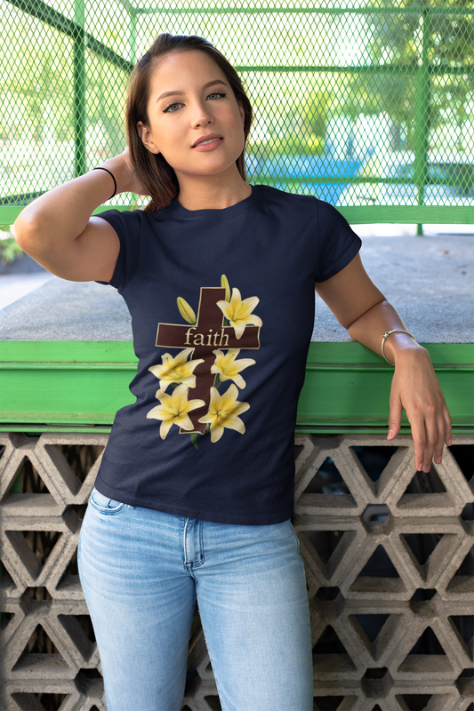 Faith Cross T‑Shirt with Yellow Lilies — Inspirational Christian Easter Tee