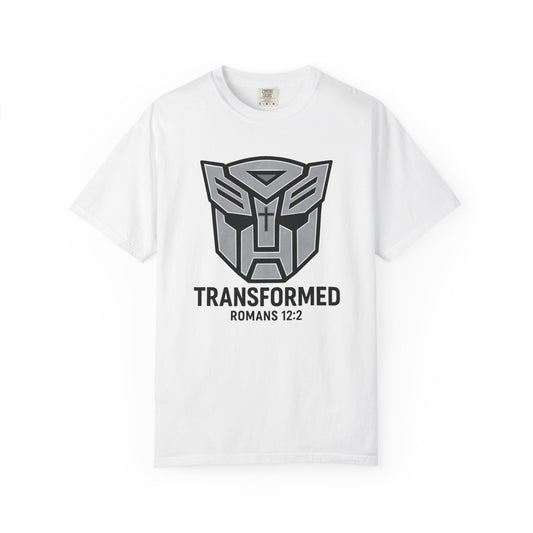 Transformed Graphic Tee — "Transformed" Romans 12:2 Christian Transformer Logo T-Shirt