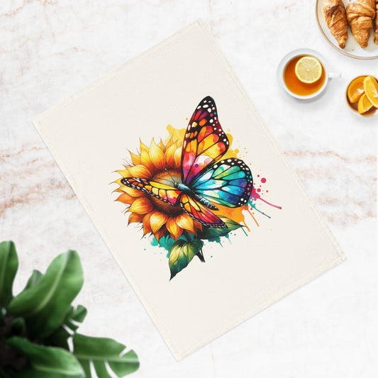Vibrant Butterfly & Sunflower Cotton Tea Towel - Colorful Kitchen Decor