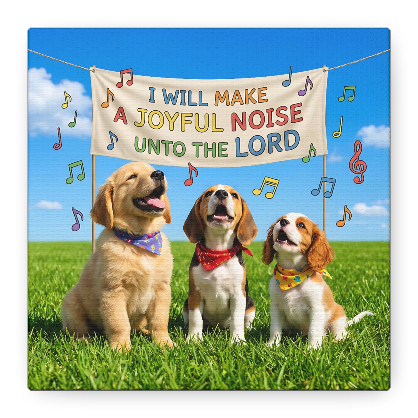 Joyful Noise Puppies Canvas Wall Art — Religious Christian Bible Verse 'I Will Make A Joyful Noise Unto The Lord'