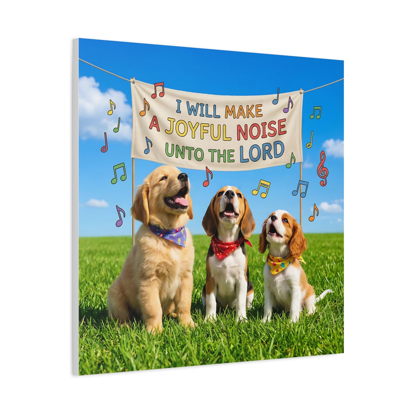 Joyful Noise Puppies Canvas Wall Art — Religious Christian Bible Verse 'I Will Make A Joyful Noise Unto The Lord'