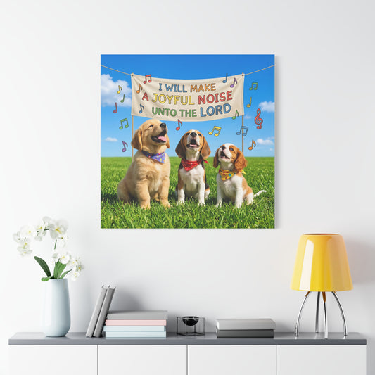 Joyful Noise Puppies Canvas Wall Art — Religious Christian Bible Verse 'I Will Make A Joyful Noise Unto The Lord'